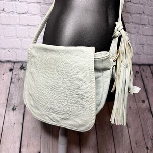 Henri Lou aqua blue textured supple leather tassel fringe crossbody saddle bag